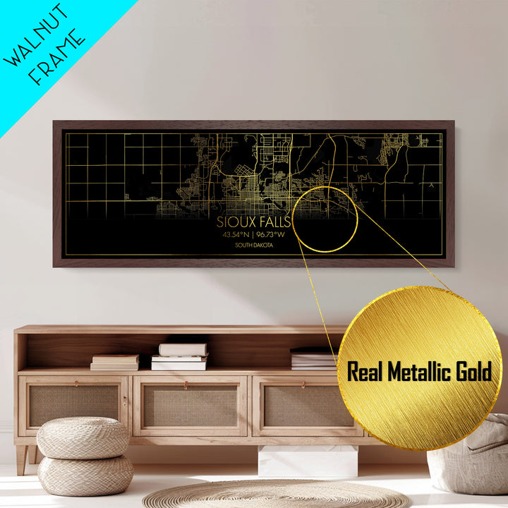 Sioux Falls South Dakota City street map, Panoramic art, black and gold, Metallic Gold Print, Metal Art, real wood frames, Best Friend Gifts