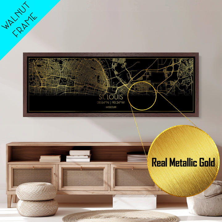 St. Louis Missouri map, Panoramic art, black and gold, Metallic Gold Print, Metal Art, real wood frames, Housewarming Gift, Map Print Poster