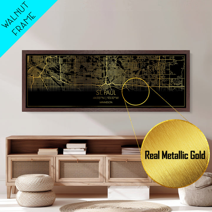 St. Paul Minnesota City Poster, Panoramic street map, black and gold, Metallic Gold Art, Metal Art, wood framed map, Office Decor, Wall Art