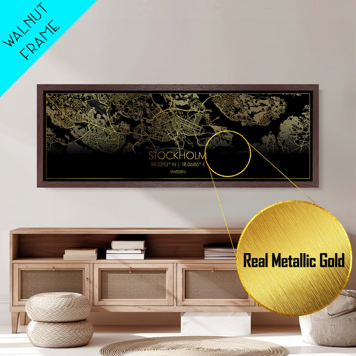 Stockholm Sweden City Poster, Panoramic street map, black and gold, Metallic Gold Art, Metal Art, wood framed map, Office Décor