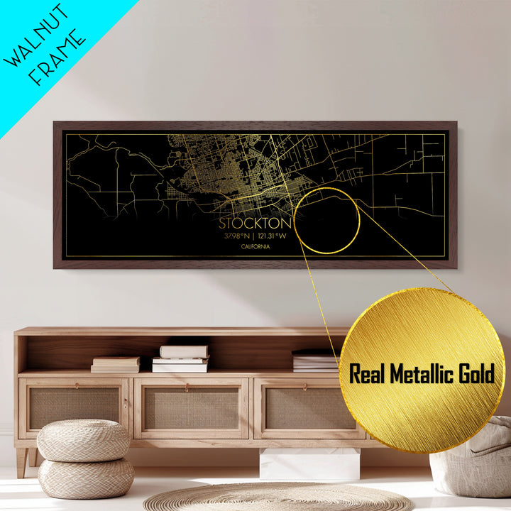 Stockton California City street map, Panoramic art, black and gold, Metallic Gold Print, Metal Art, real wood frames, Map Print Poster