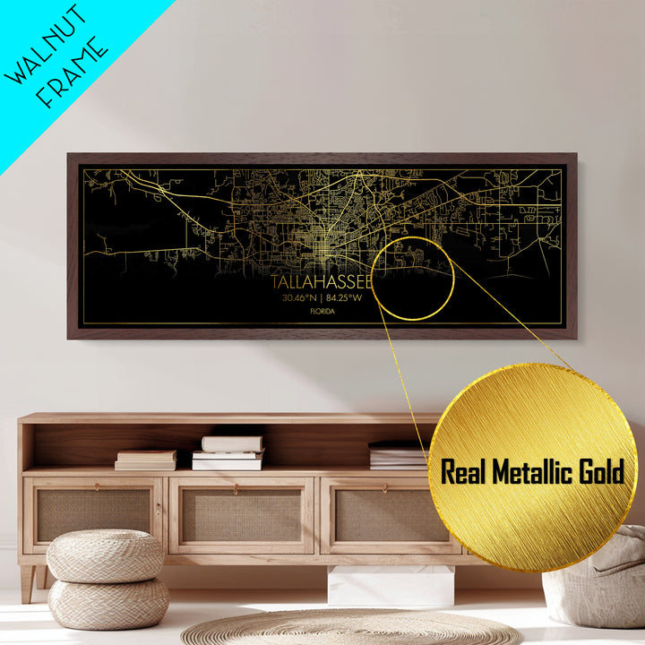 Tallahassee Florida City Poster, Panoramic street map, black and gold, Metallic Gold Art, Metal Art, wood framed map, Housewarming Gift