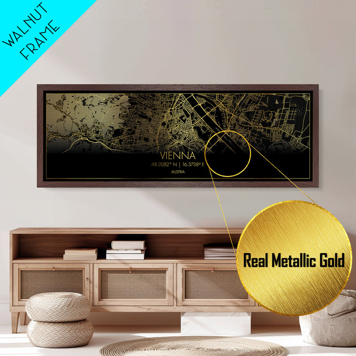 Vienna Austria City street map, Panoramic art, black and gold, Metallic Gold Print, Metal Art, real wood frames, Street Map Art, Wall Art