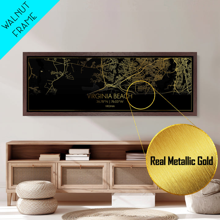 Virginia Beach Virginia City Poster, Panoramic street map, black and gold, Metallic Gold Art, Metal Art, wood framed map, Best Friend Gifts