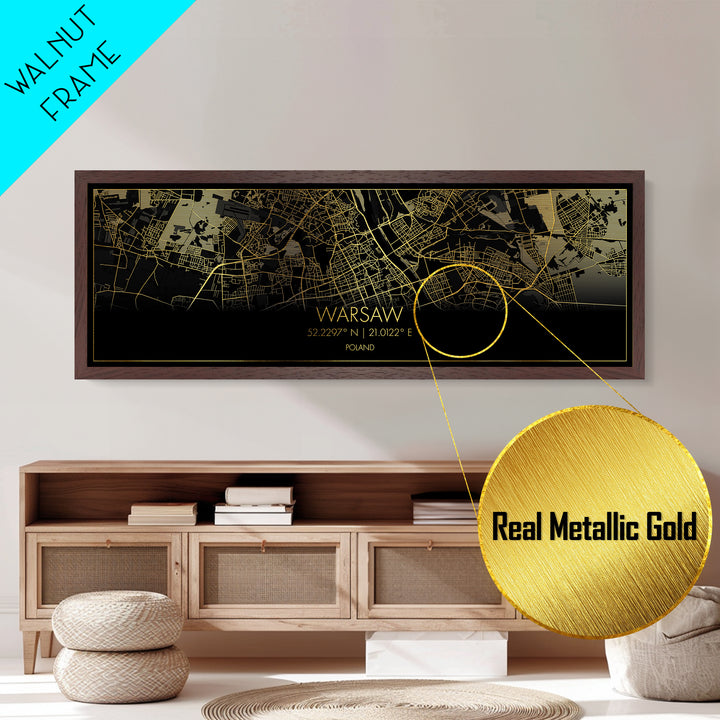 Warsaw Poland City street map, Panoramic art, black and gold, Metallic Gold Print, Metal Art, real wood frames, College Dorm Décor