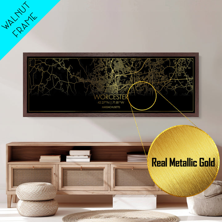 Worcester Massachusetts City Poster, Panoramic street map, black and gold, Metallic Gold Art, Metal Art, wood framed map, Office Décor