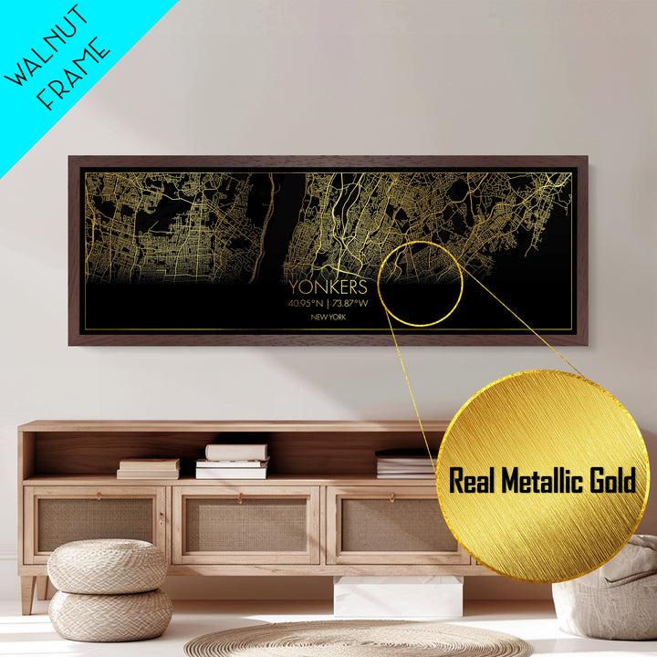 Yonkers New York City street map, Panoramic art, black and gold, Metallic Gold Print, Metal Art, real wood frames, Modern House Art