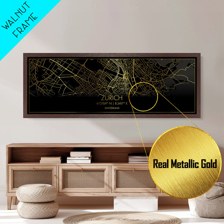 Zurich Switzerland City Poster, Panoramic street map, black and gold, Metallic Gold Art, Metal Art, wood framed map, Best Friend Gifts