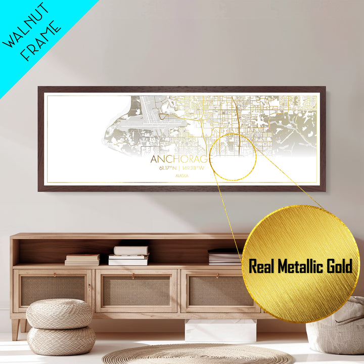 Anchorage Alaska City street map, Panoramic art, black and gold, Metallic Gold Print, Metal Art, real wood frames, Gold Street Map Art