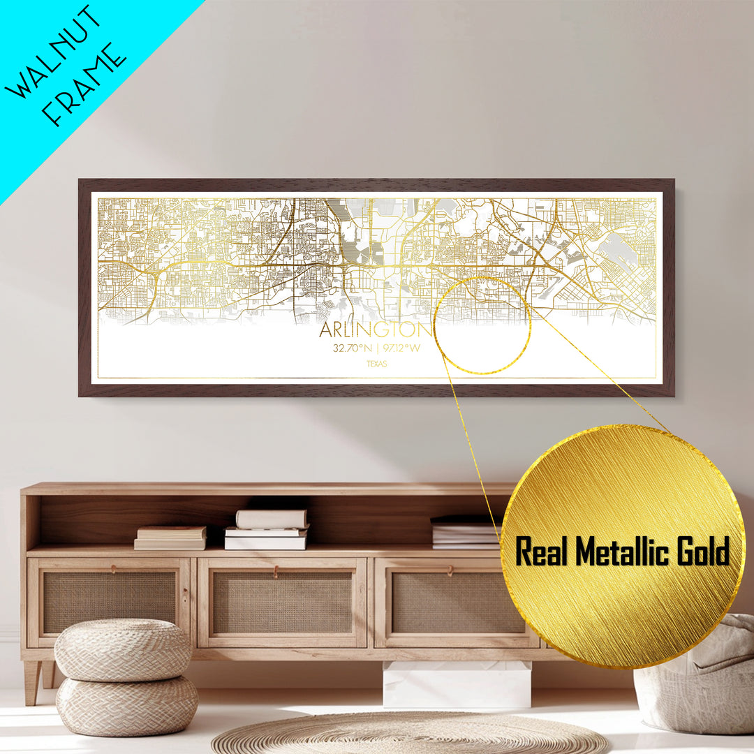 Arlington Texas City Poster, Panoramic street map, black and gold, Metallic Gold Art, Metal Art, wood framed map, Modern House Art