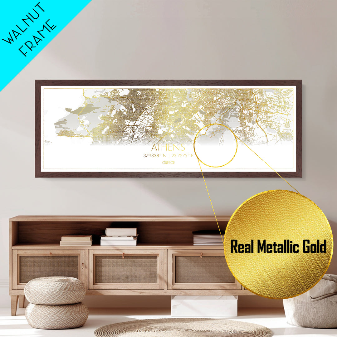 Athens Greece City street map, Panoramic art, black and gold, Metallic Gold Print, Metal Art, real wood frames, Housewarming Gift