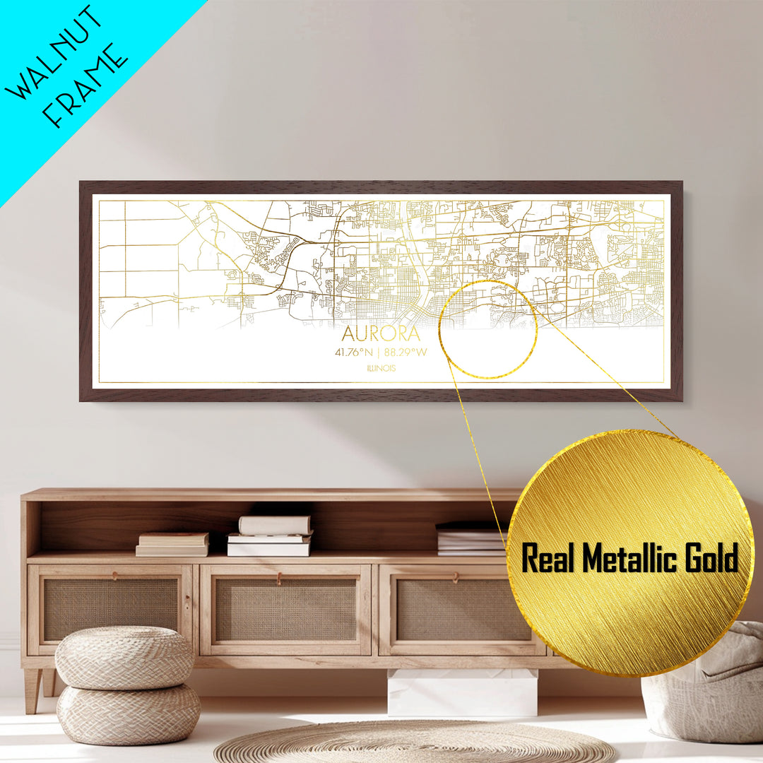 Aurora Illinois City street map, Panoramic art, black and gold, Metallic Gold Print, Metal Art, real wood frames, Map Print, Office Decor