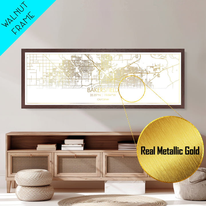 Bakersfield California City street map, Panoramic art, black and gold, Metallic Gold Print, Metal Art, real wood frames, Best Friend Gifts