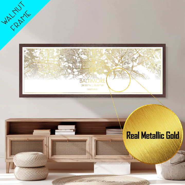 Baltimore Maryland City street map, Panoramic art, black and gold, Metallic Gold Print, Metal Art, real wood frames, Modern Wall Art