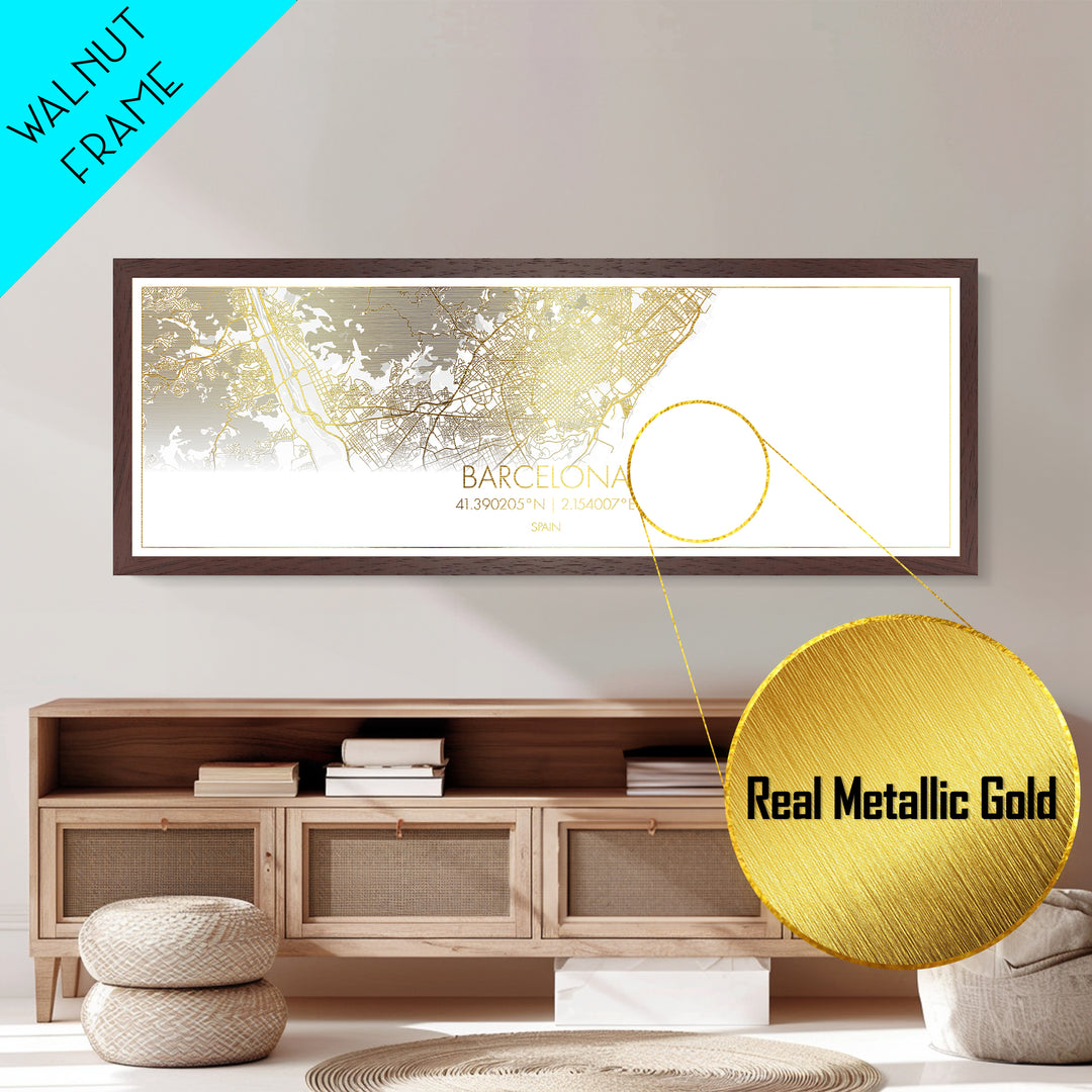 Barcelona Spain City street map, Panoramic art, black and gold, Metallic Gold Print, Metal Art, real wood frames, Modern Wall Art