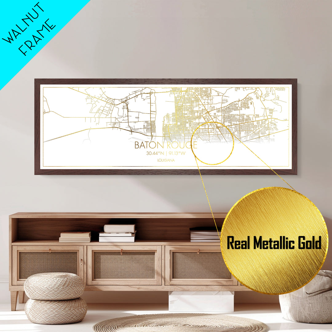 Baton Rouge Louisiana City Poster, Panoramic street map, black and gold, Metallic Gold Art, Metal Art, wood framed map, Minimalist Wall Art