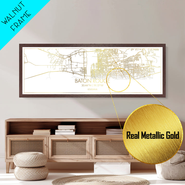 Baton Rouge Louisiana City Poster, Panoramic street map, black and gold, Metallic Gold Art, Metal Art, wood framed map, Minimalist Wall Art
