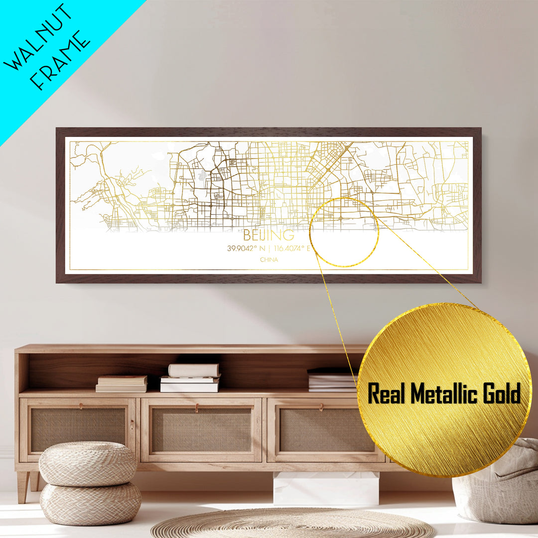 Beijing China map, Panoramic art, black and gold, Metallic Gold Print, Metal Art, real wood frames, College Dorm Décor, Best Friend Gifts
