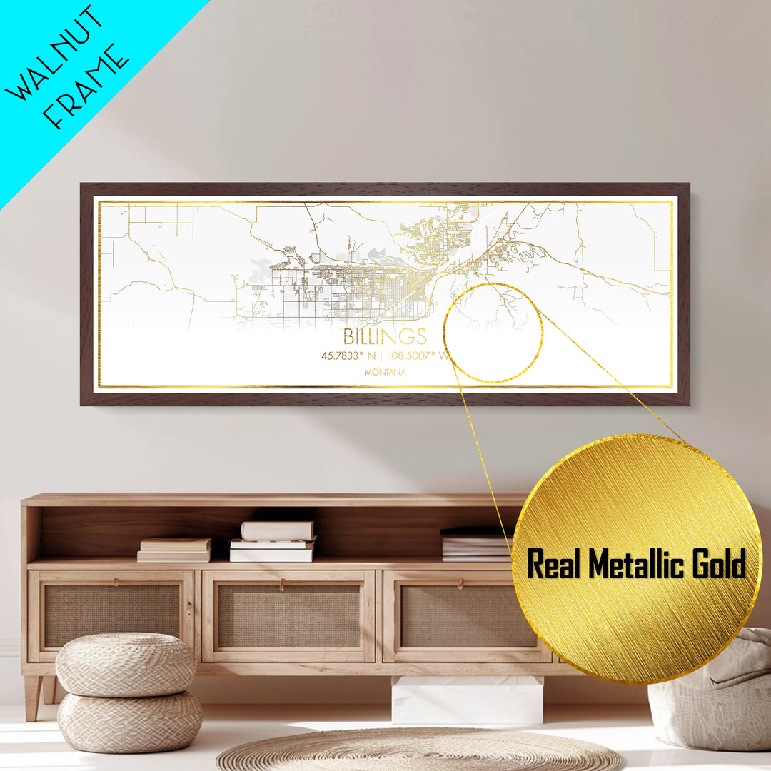 Billings Montana City street map, Panoramic art, black and gold, Metallic Gold Print, Metal Art, real wood frames, Map Print Poster