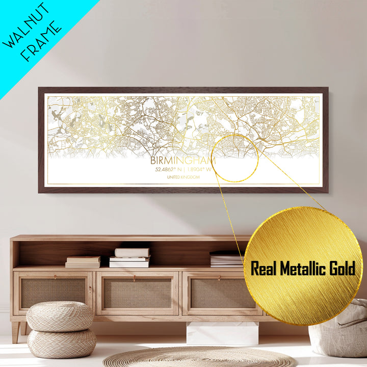 Birmingham United Kingdom City street map, Panoramic art, black and gold, Metallic Gold Print, Metal Art, real wood frames, Modern Wall Art