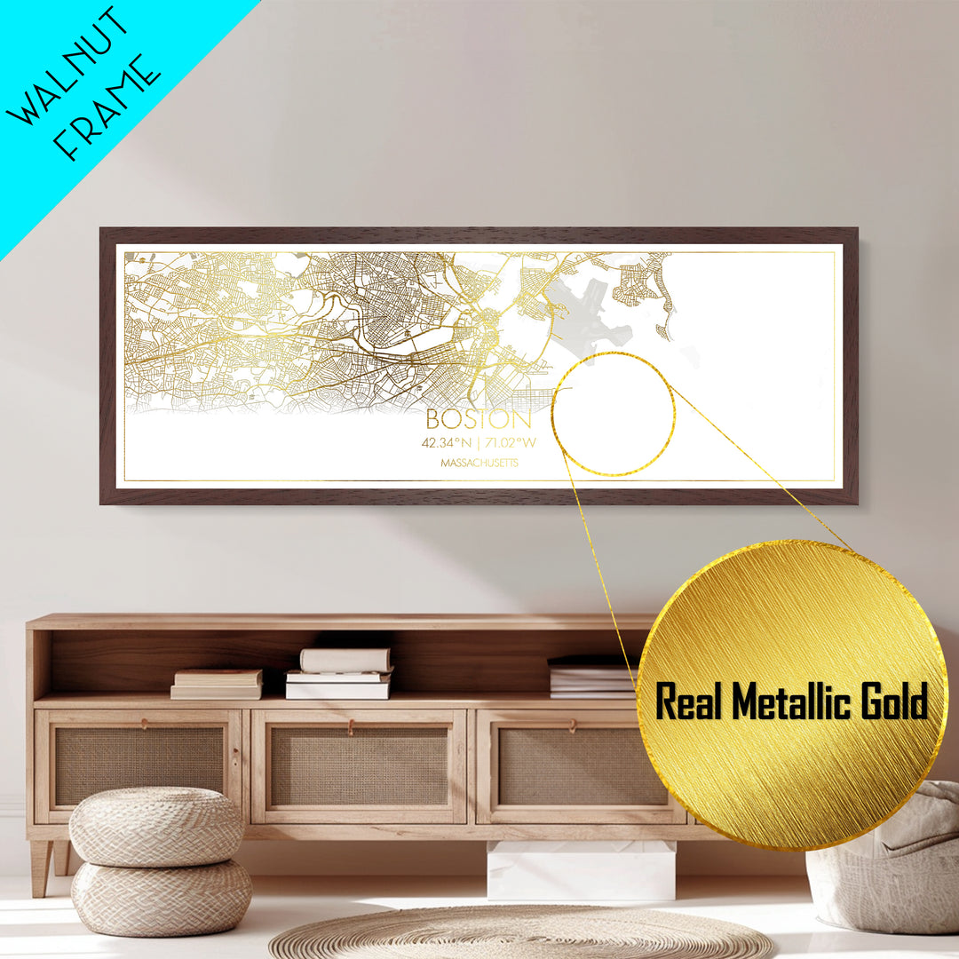 Boston Massachusetts map, Panoramic art, black and gold, Metallic Gold Print, Metal Art, real wood frames, Wall Art, Housewarming Gift
