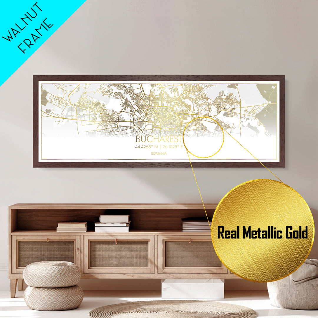 Bucharest Romania Poster, Panoramic street map, black and gold, Metallic Gold Art, Metal Art, wood framed map, Map Print Poster