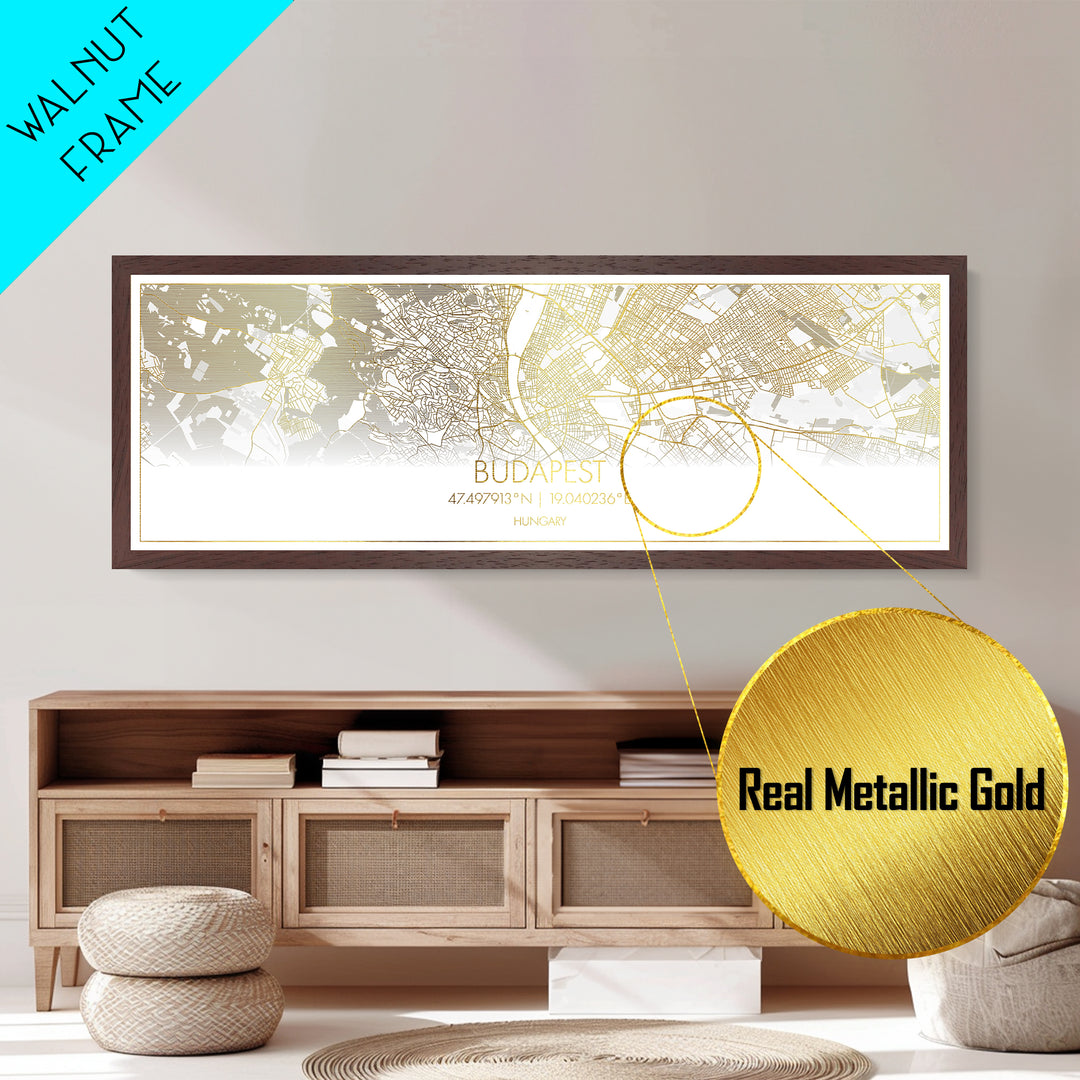 Budapest Hungary City street map, Panoramic art, black and gold, Metallic Gold Print, Metal Art, real wood frames, Minimalist Wall Art