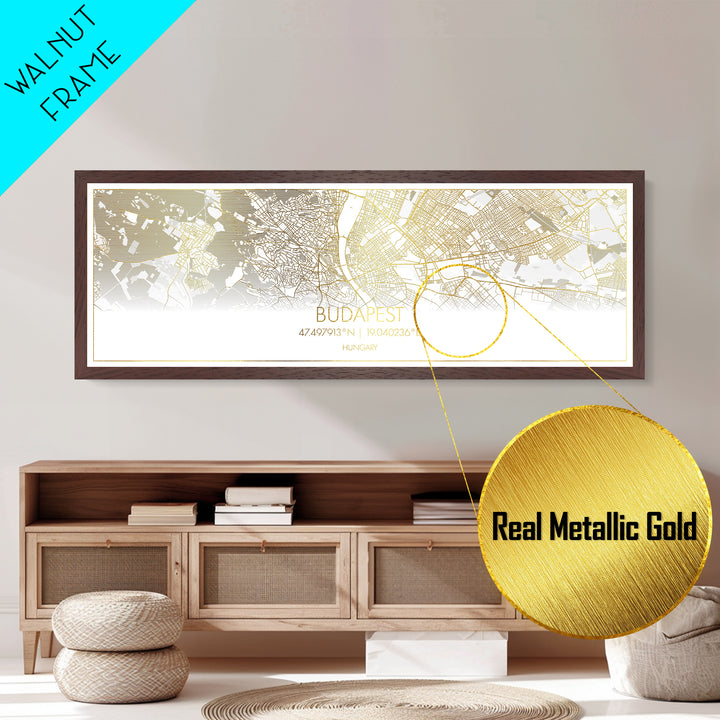 Budapest Hungary City street map, Panoramic art, black and gold, Metallic Gold Print, Metal Art, real wood frames, Minimalist Wall Art