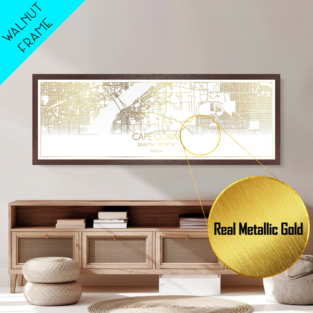 Cape Coral Florida City street map, Panoramic art, black and gold, Metallic Gold Print, Metal Art, real wood frames, Housewarming Gift