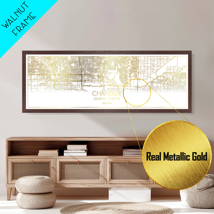 Chandler Arizona City Poster, Panoramic street map, black and gold, Metallic Gold Art, Metal Art, wood framed map, Best Friend Gifts