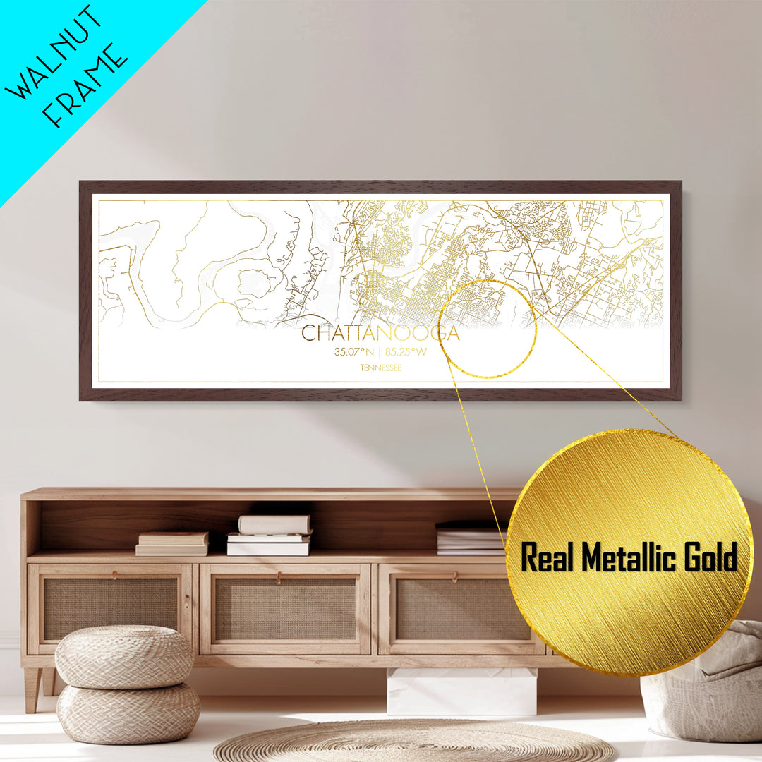 Chattanooga Tennessee City Poster, Panoramic street map, black and gold, Metallic Gold Art, Metal Art, wood framed map, Street Map Art