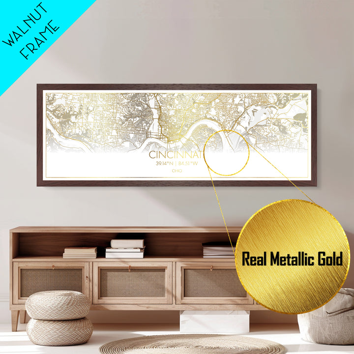 Cincinnati Ohio Poster, Panoramic street map, black and gold, Metallic Gold Art, Metal Art, wood framed map, Office Decor, Housewarming Gift