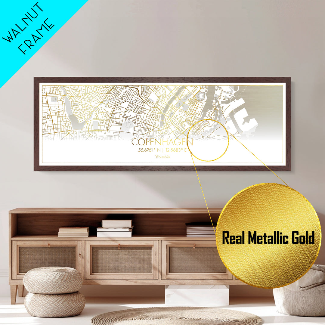 Copenhagen Denmark Poster, Panoramic street map, black and gold, Metallic Gold Art, Metal Art, wood framed map, Street Map Art, Map Print