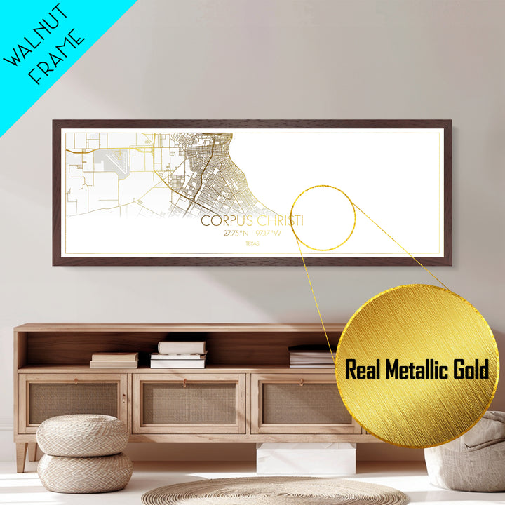 Corpus Christi Texas City street map, Panoramic art, black and gold, Metallic Gold Print, Metal Art, real wood frames, Best Friend Gifts