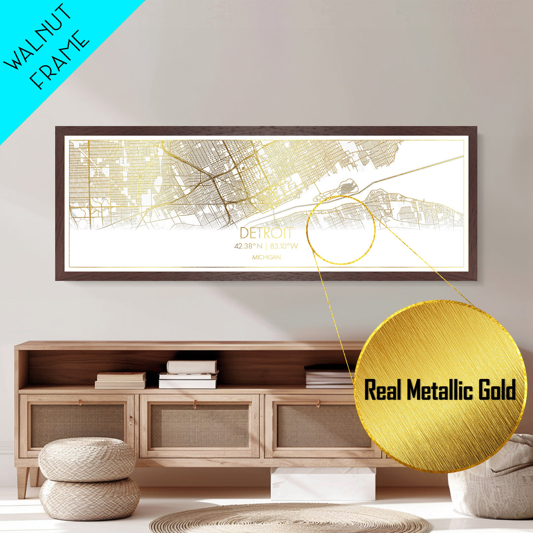 Detroit Michigan City street map, Panoramic art, black and gold, Metallic Gold Print, Metal Art, real wood frames, Minimalist Wall Art