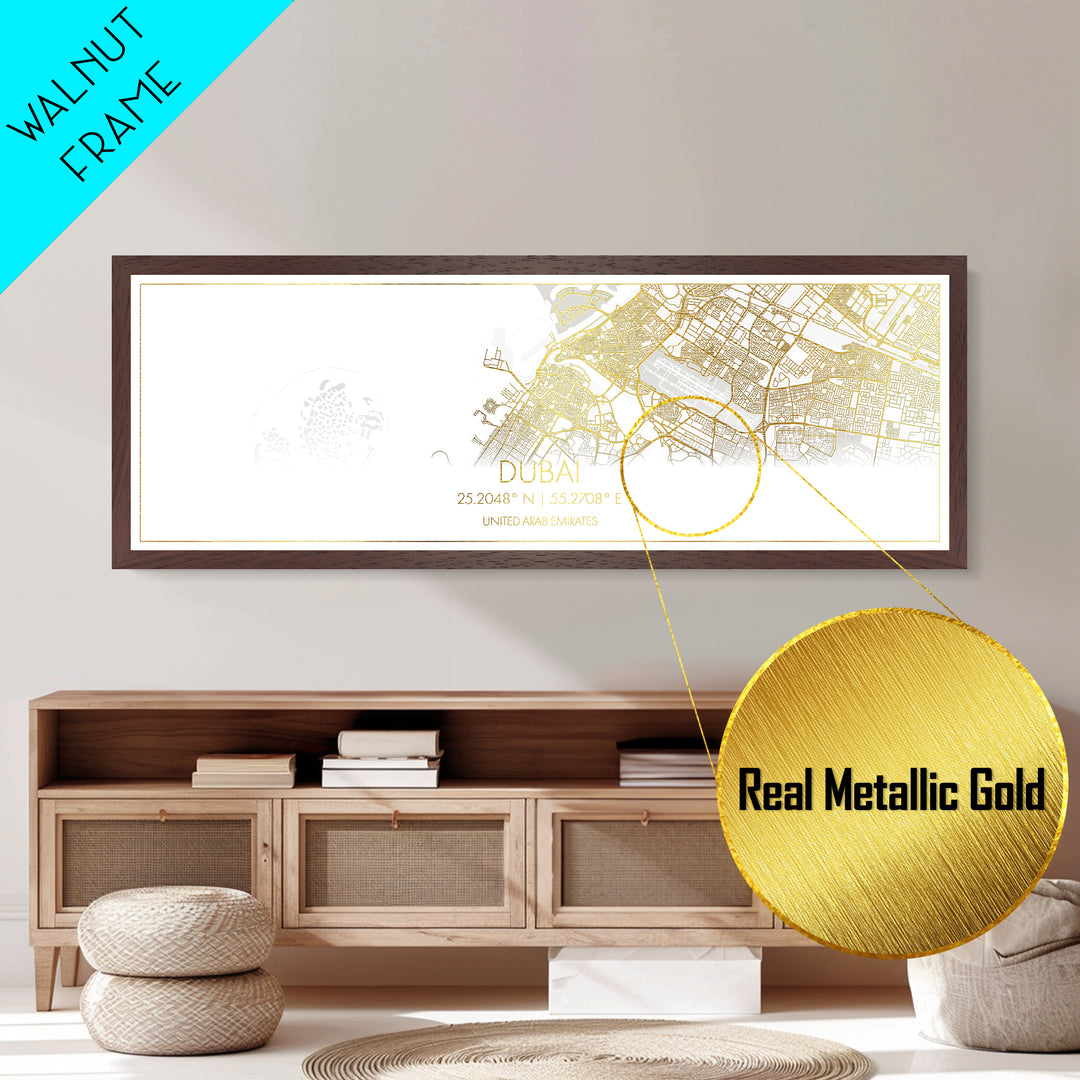 Dubai United Arab Emirates City Poster, Panoramic street map, black and gold, Metallic Gold Art, Metal Art, wood framed map, Modern Wall Art