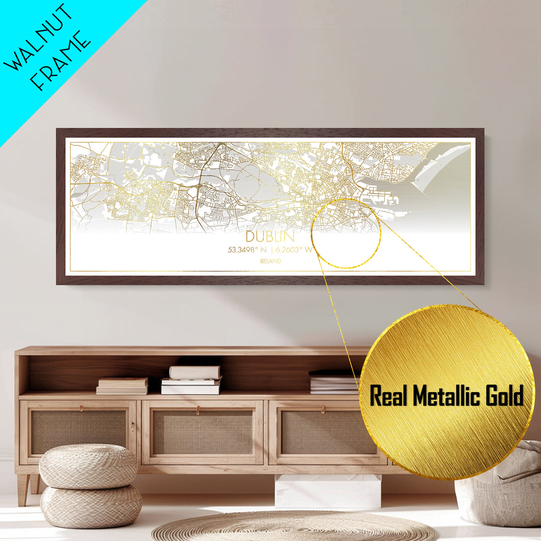 Dublin Ireland map, Panoramic art, black and gold, Metallic Gold Print, Metal Art, real wood frames, Street Map Art, Housewarming Gift