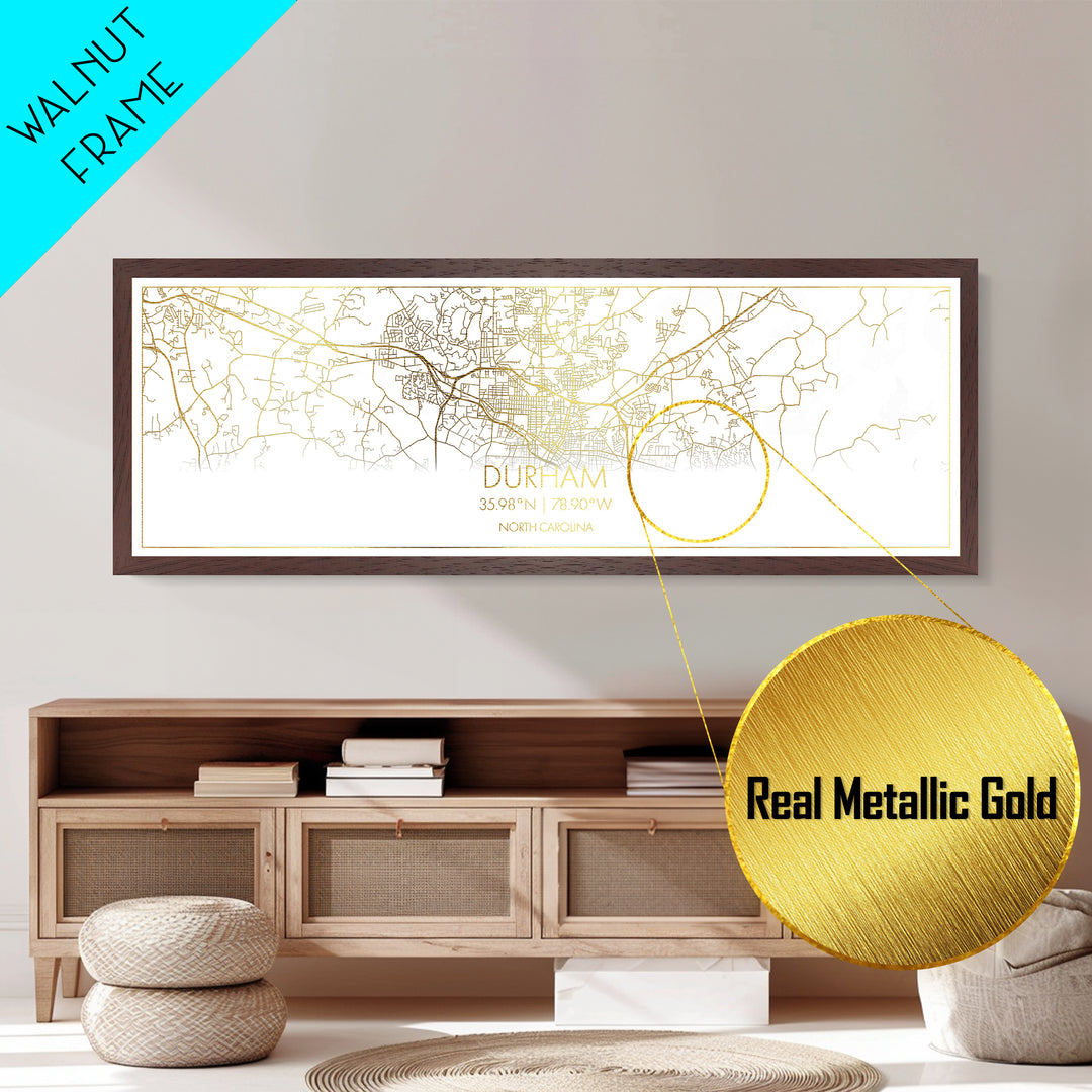Durham North Carolina City Poster, Panoramic street map, black and gold, Metallic Gold Art, Metal Art, wood framed map, Modern Wall Art