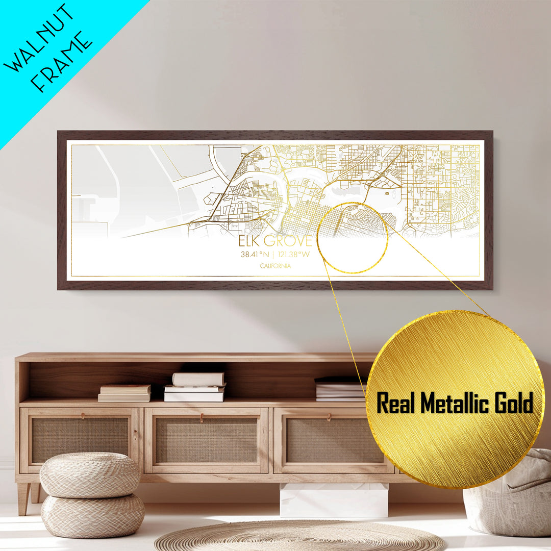 Elk Grove California City Poster, Panoramic street map, black and gold, Metallic Gold Art, Metal Art, wood framed map, Modern House Art