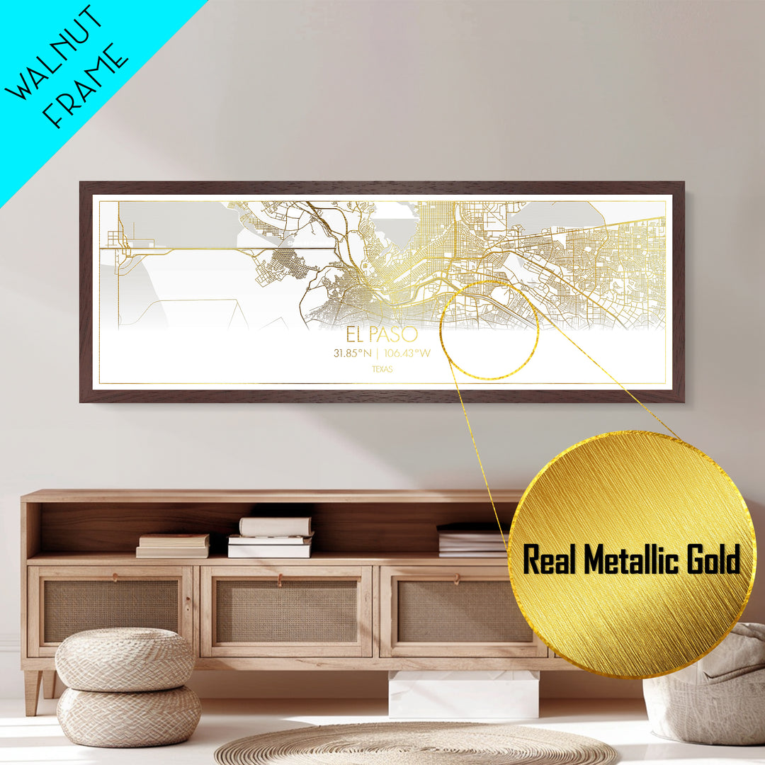 El Paso Texas City street map, Panoramic art, black and gold, Metallic Gold Print, Metal Art, real wood frames, Wall Art, City Map Print Poster