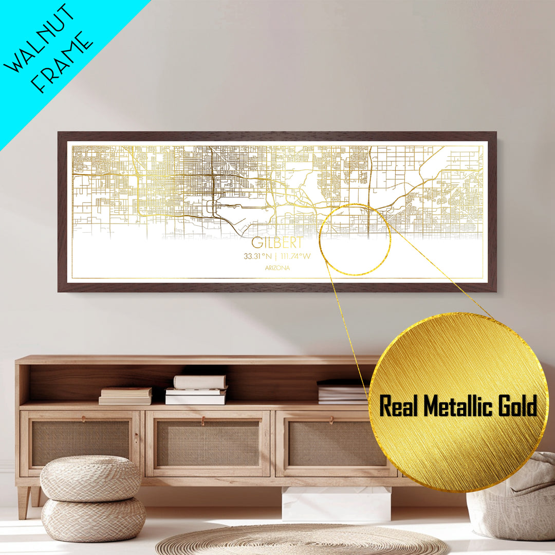 Gilbert Arizona map, Panoramic art, black and gold, Metallic Gold Print, Metal Art, real wood frames, Street Map Art, Best Friend Gifts
