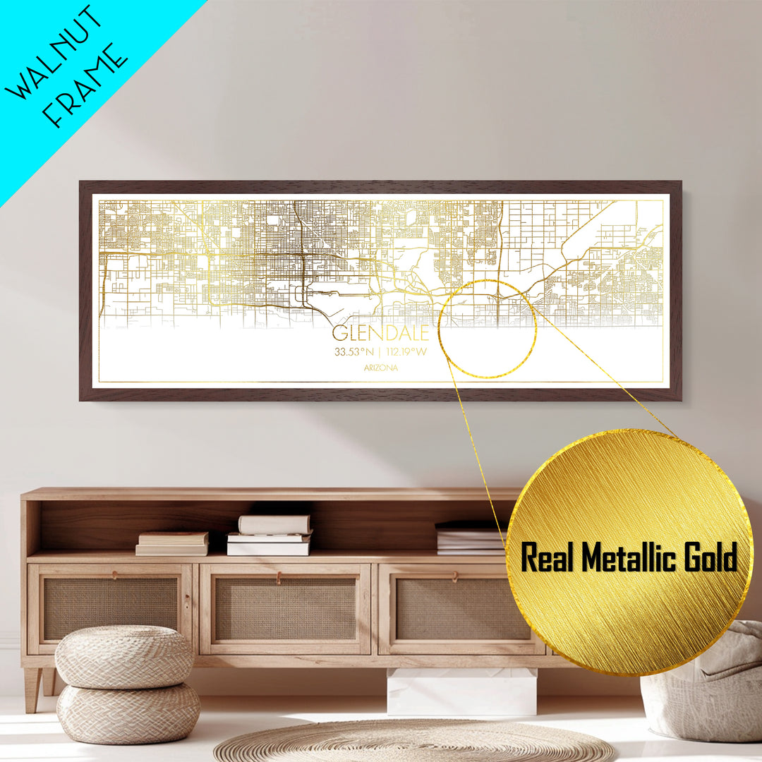 Glendale Arizona City Poster, Panoramic street map, black and gold, Metallic Gold Art, Metal Art, wood framed map, College Dorm Décor