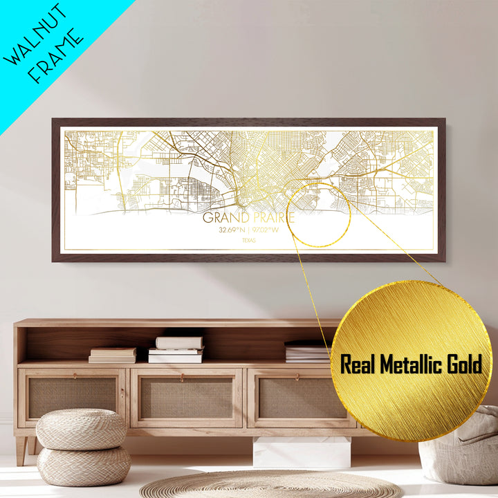Grand Prairie Texas City Poster, Panoramic street map, black and gold, Metallic Gold Art, Metal Art, wood framed map, Modern House Art