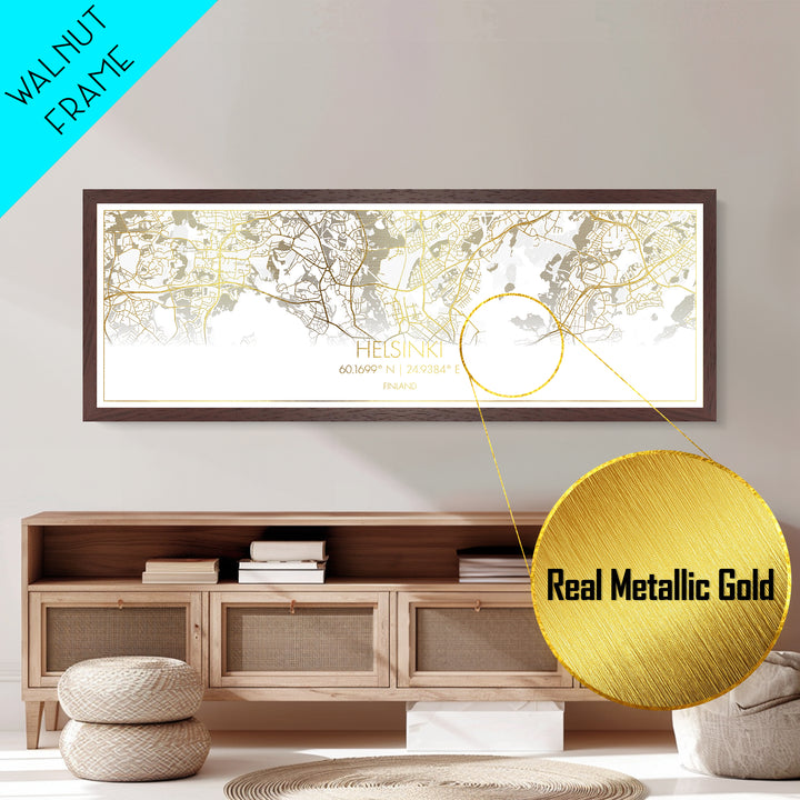 Helsinki Finland City Poster, Panoramic street map, black and gold, Metallic Gold Art, Metal Art, wood framed map, Housewarming Gift