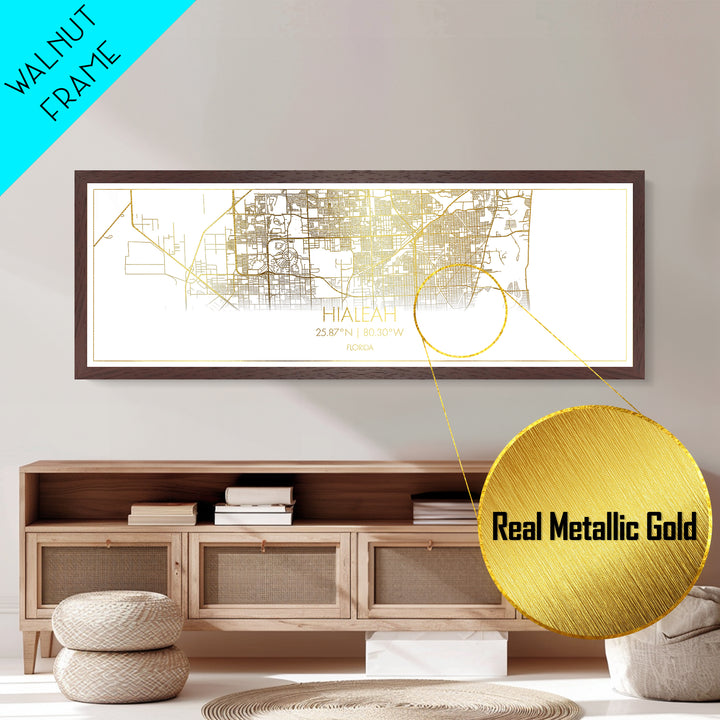 Hialeah Florida City street map, Panoramic art, black and gold, Metallic Gold Print, Metal Art, real wood frames, Modern House Art