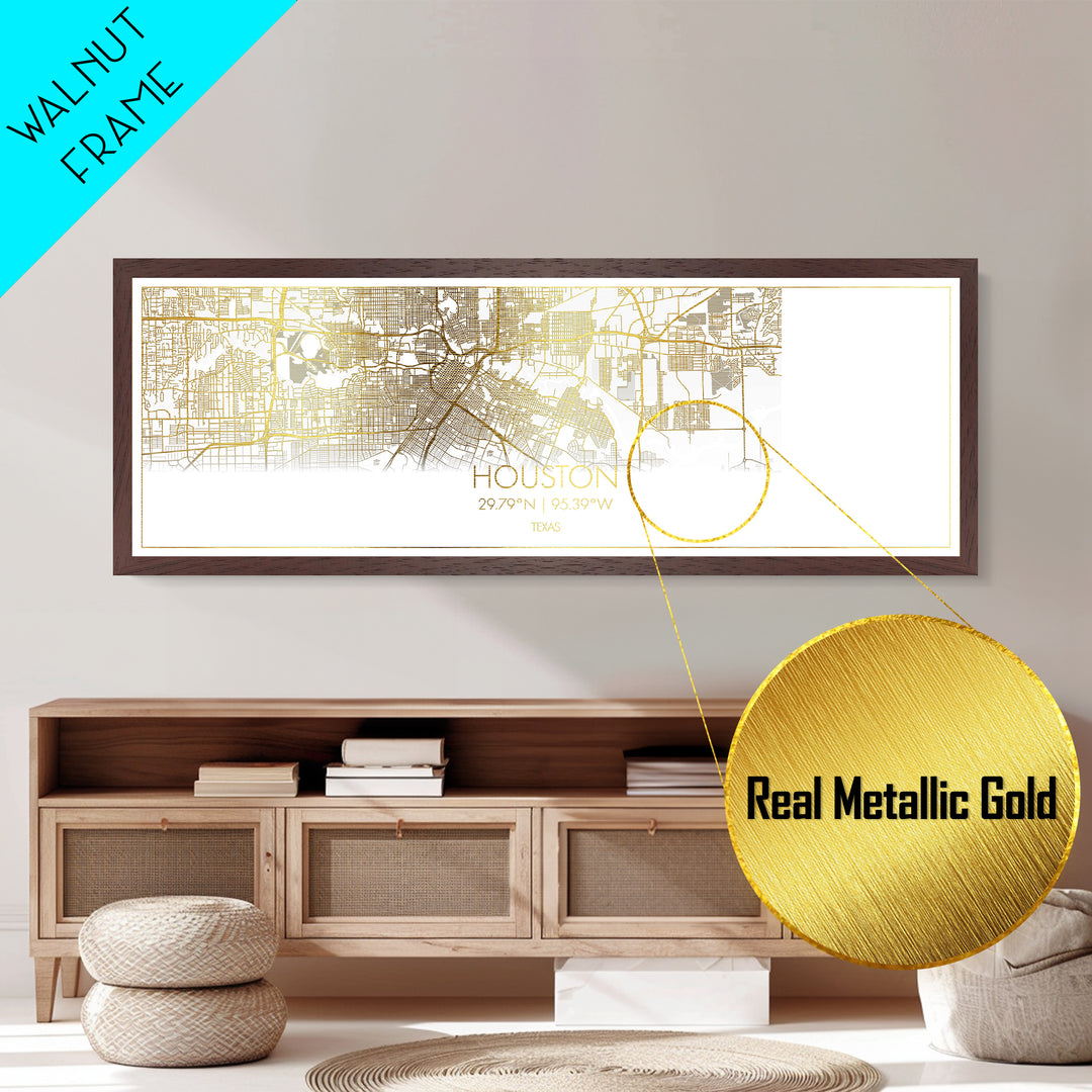 Houston Texas City Poster, Panoramic street map, black and gold, Metallic Gold Art, Metal Art, wood framed map, Housewarming Gift