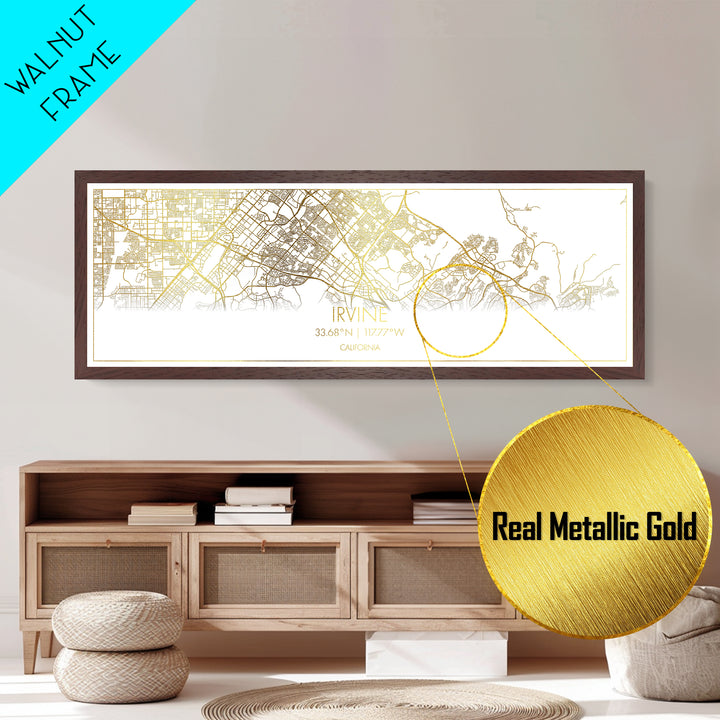 Irvine California Poster, Panoramic street map, black and gold, Metallic Gold Art, Metal Art, wood framed map, Wall Art, Housewarming Gift