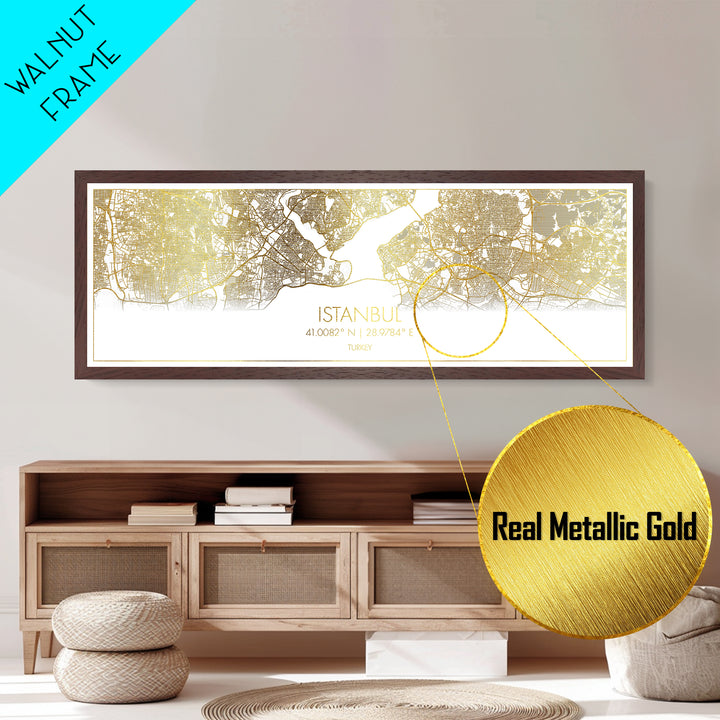 Istanbul Turkey map, Panoramic art, black and gold, Metallic Gold Print, Metal Art, real wood frames, Street Map Art, Best Friend Gifts
