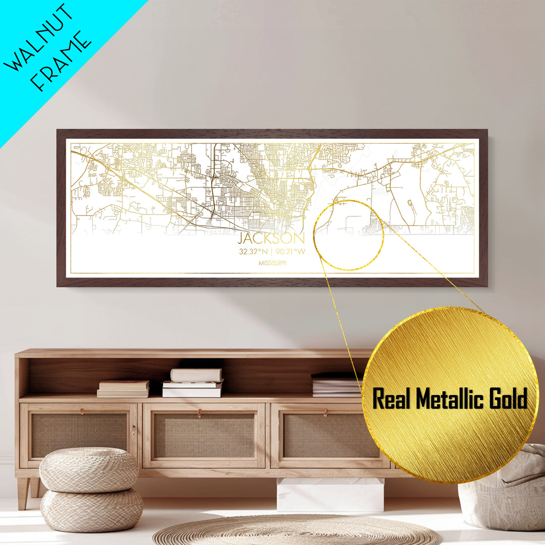 Jackson Mississippi City Poster, Panoramic street map, black and gold, Metallic Gold Art, Metal Art, wood framed map, Housewarming Gift