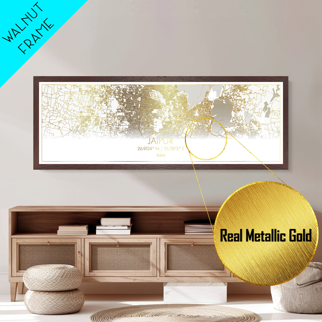 Jaipur India City Poster, Panoramic street map, black and gold, Metallic Gold Art, Metal Art, wood framed map, Street Map Art